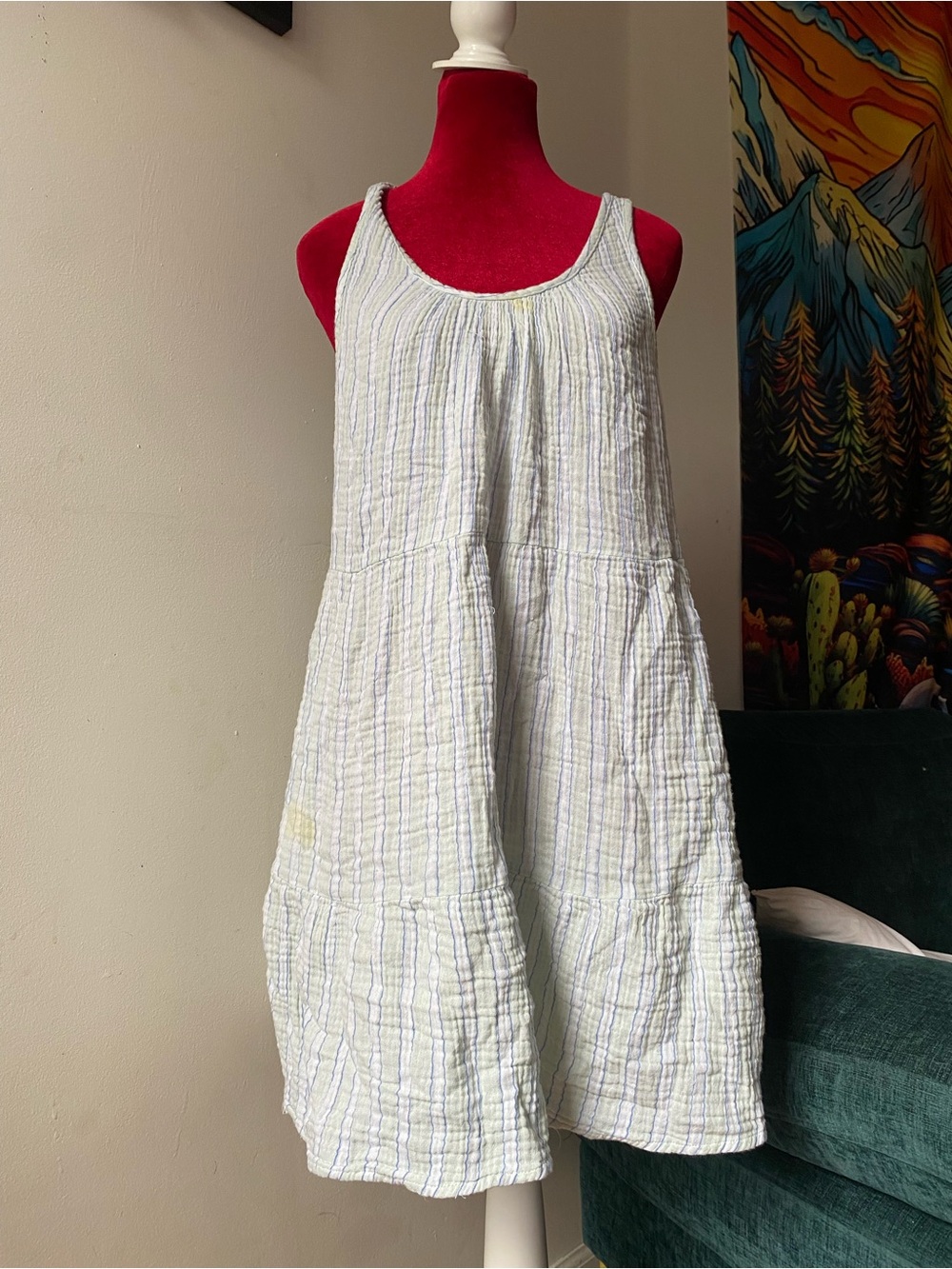 Satisfactory Sleeveless Light Blue Striped Midi Dress Relaxed Tiered Silhouette